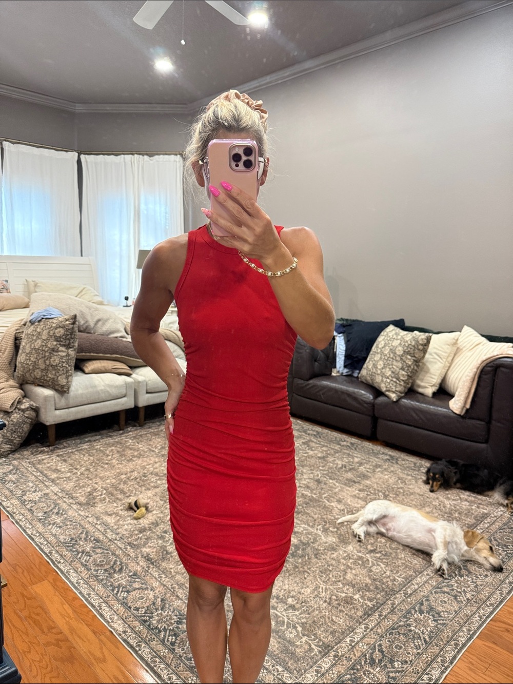 Red Sleeveless Ruched Mini Dress